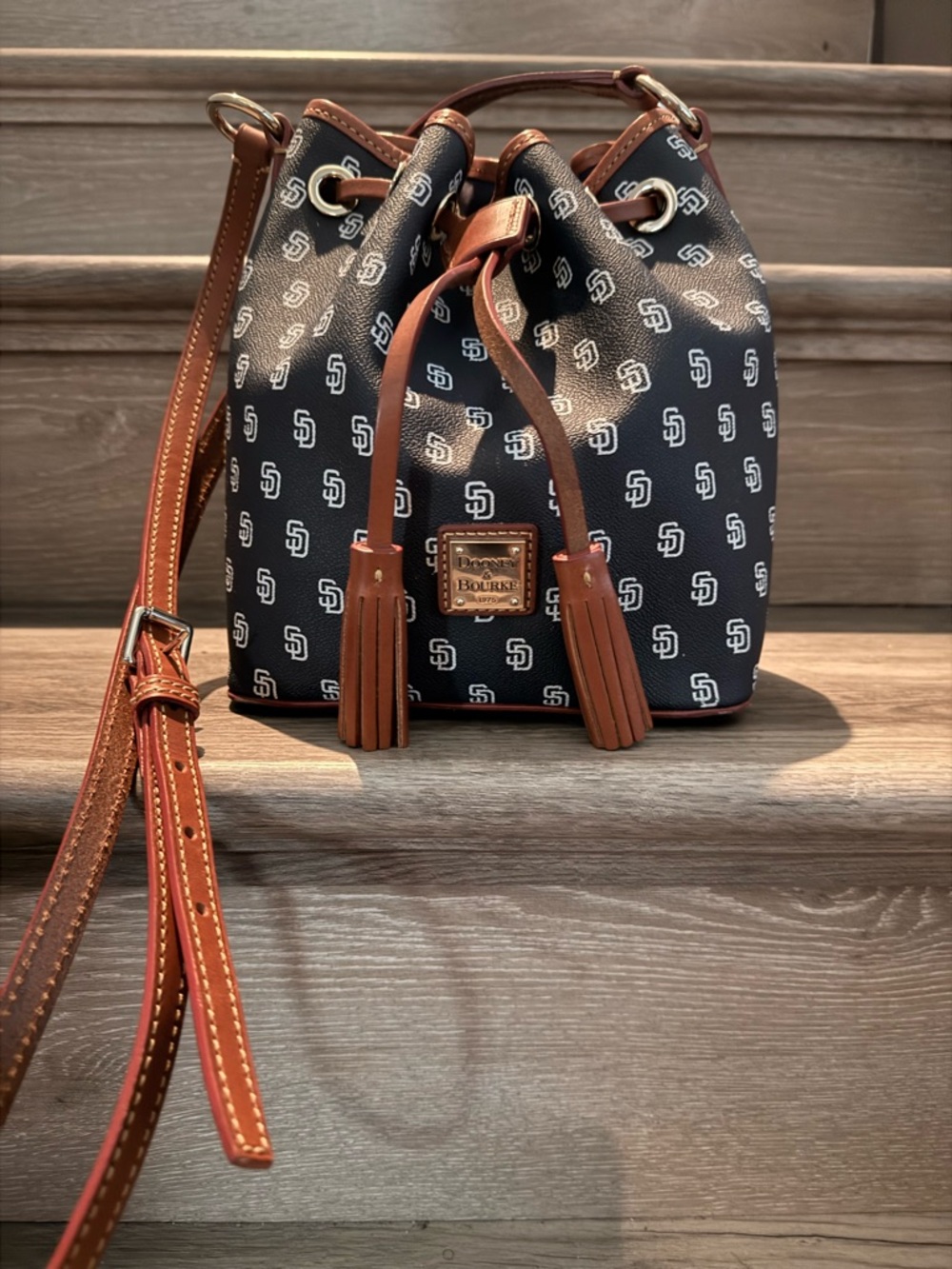 San Diego Padres Dooney & Bourke Blue Logo Drawstring Bucket Bag with Brown Trim